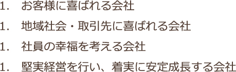 1.お客様に喜ばれる会社　1.地域社会・取引先に喜ばれる会社　1.社員の幸福を考える会社　1.堅実経営を行い、着実に安定成長する会社