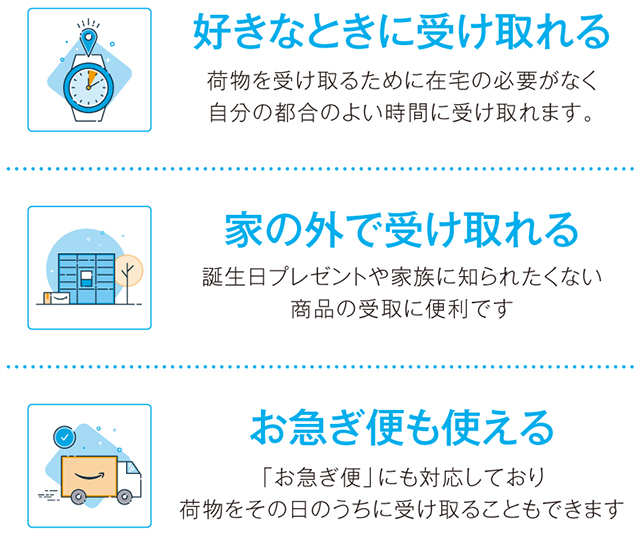 好きなときに受け取れる・家の外で受け取れる・お急ぎ便も使える